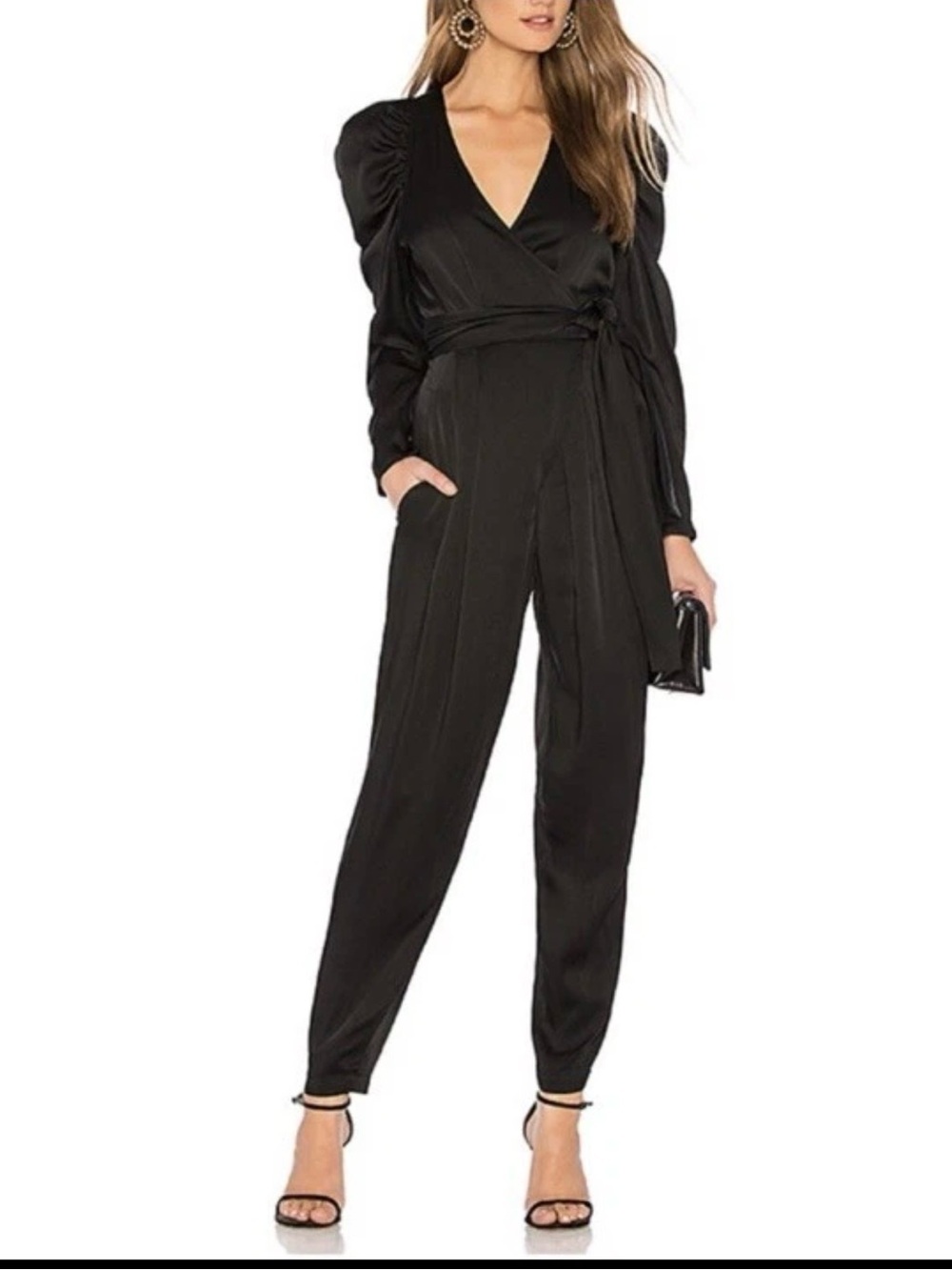 A.L.C. Christian Puff-Sleeve Belted Satin V Neck Jumpsuit Women Sz 0